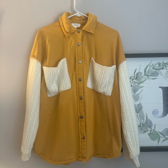 ODDY Tops - ODDY Oversized Mustard Button Up Shirt With Knitted Sleeves and Pockets